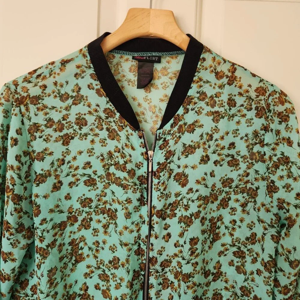 Ultra Flirt Floral Print Zip-Up Bomber Jacket Fairy Garden Feminine Summer Cute - Picture 3 of 6